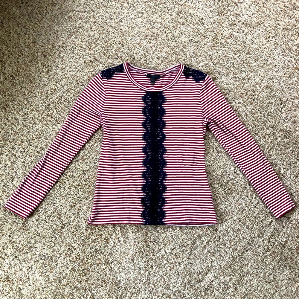 J. Crew Red White Striped Long Sleeve Shirt with Blue Lace Size XS